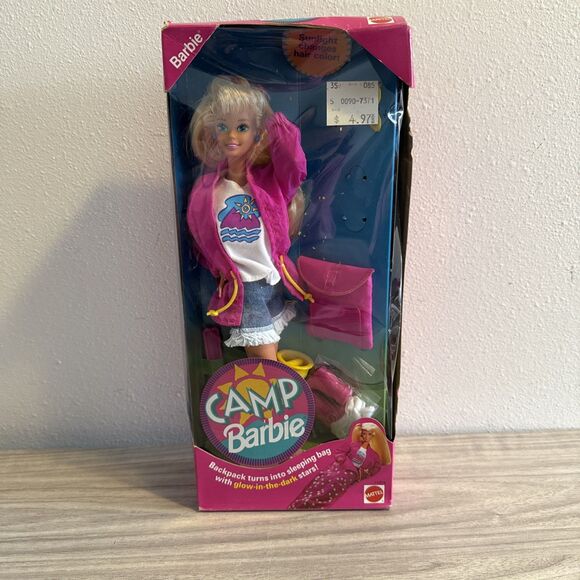1993 Camp Barbie Doll Glow In The Dark Sleeping Bag Hair Color Change NIB NRFB - Picture 1 of 10